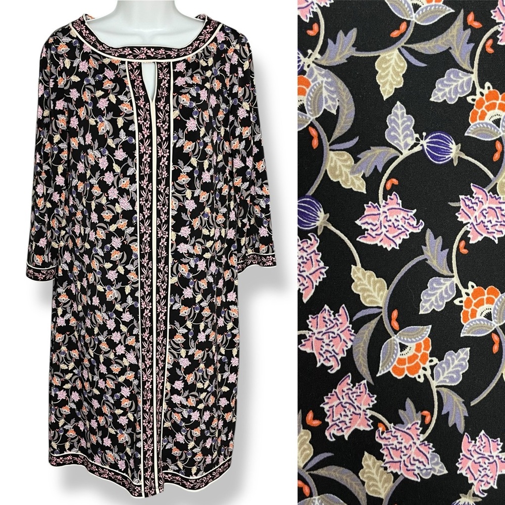 Wisp Dress Marnie Floral Black Pink Shift Size 10 Cut-Out Neckline 3/4 Sleeves‎